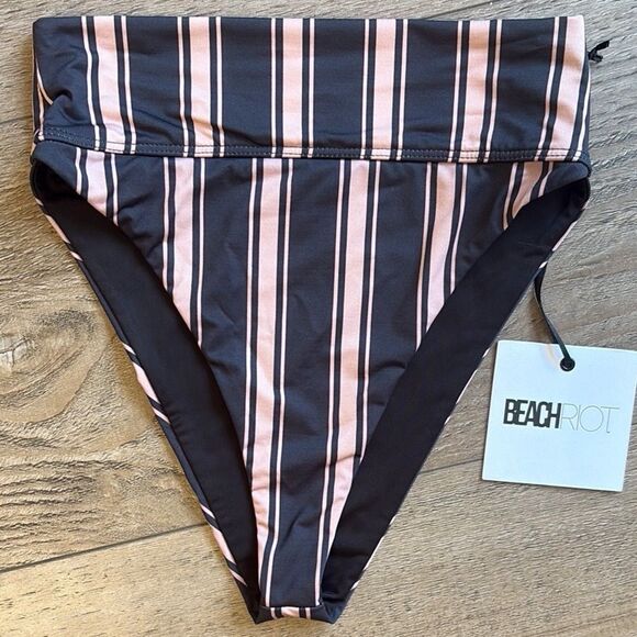 Beach Riot Highway Black & Pinkish Nude Striped High Waist Cheeky Bikini Bottom - Picture 1 of 3